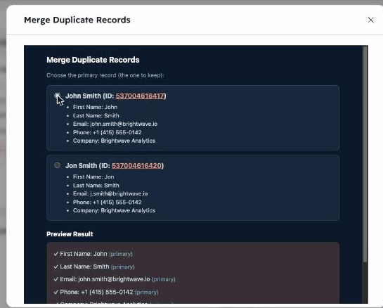Merge review screen comparing two duplicate records